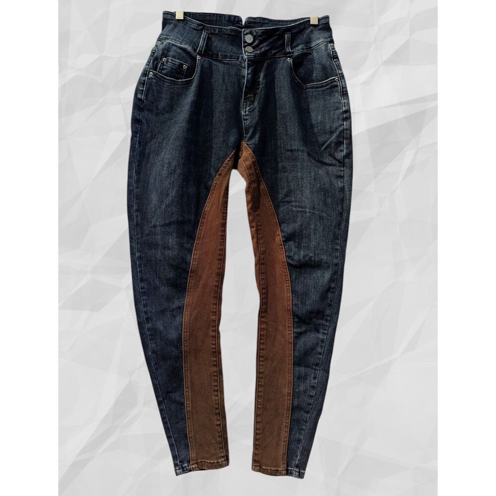 Equestrian style two tone blue & brown denim skinny leg jeans  Sz 5
